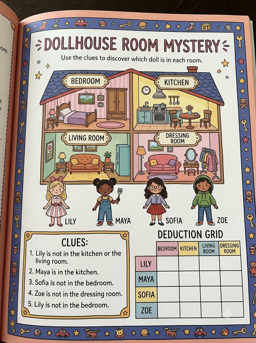 Dollhouse Room Mystery — real printed book page showing logic deduction puzzle with dollhouse illustration